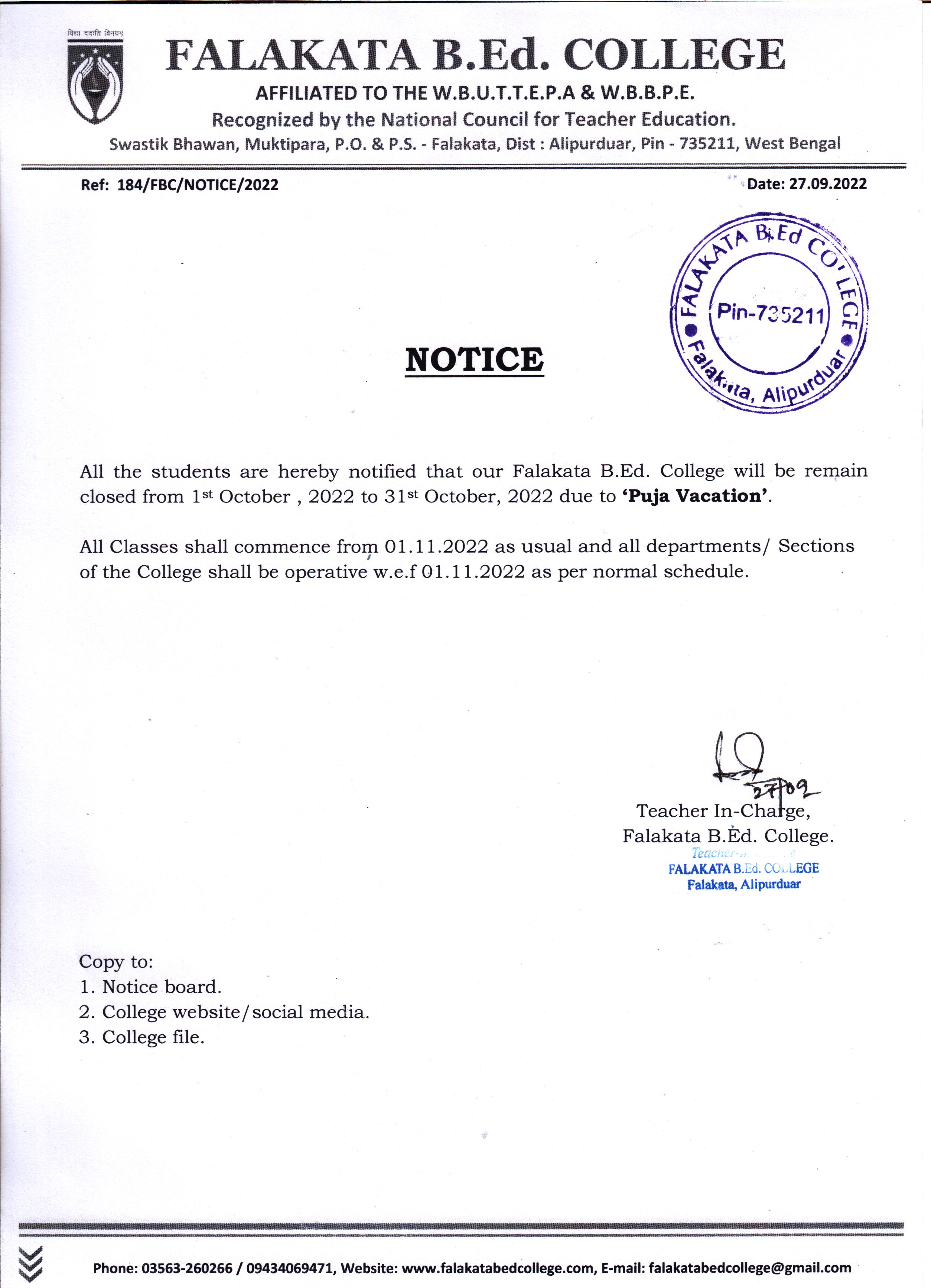Notice Regarding Puja Vacation