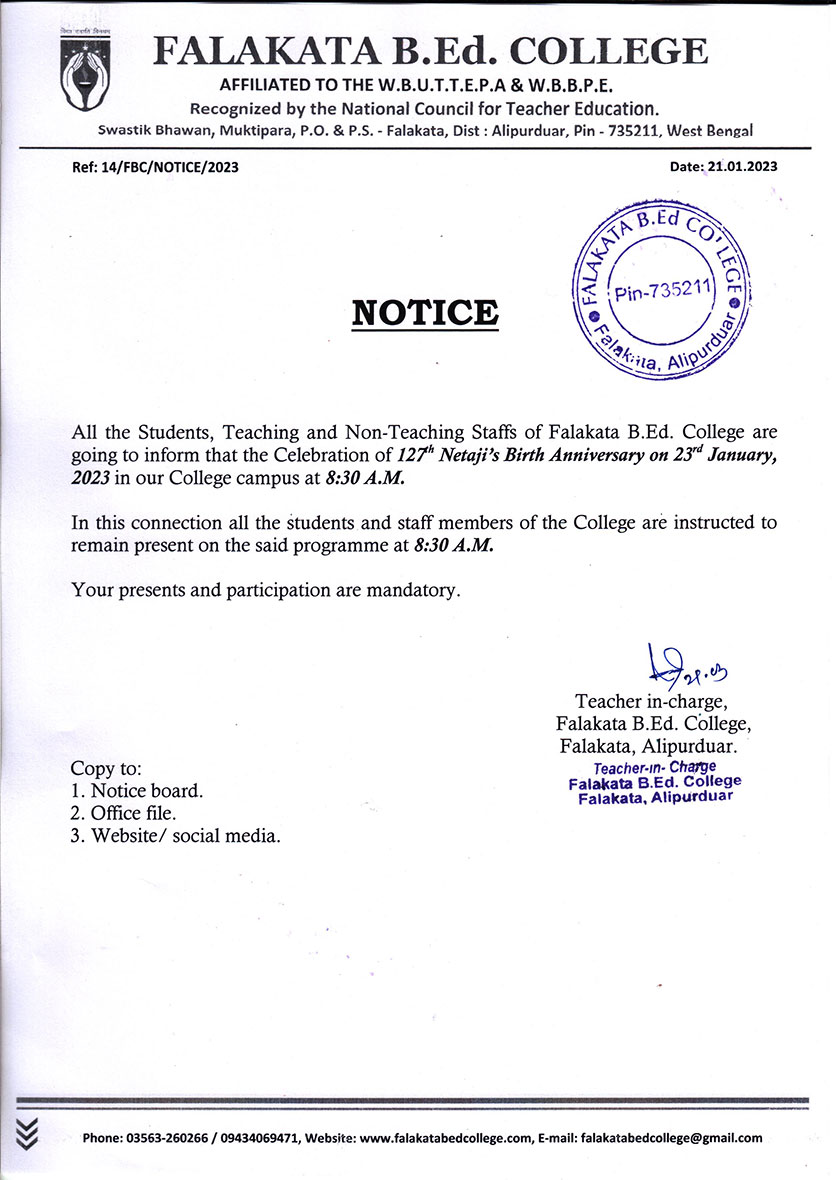 Notice for Netaji's Birth Anniversary Celebration
