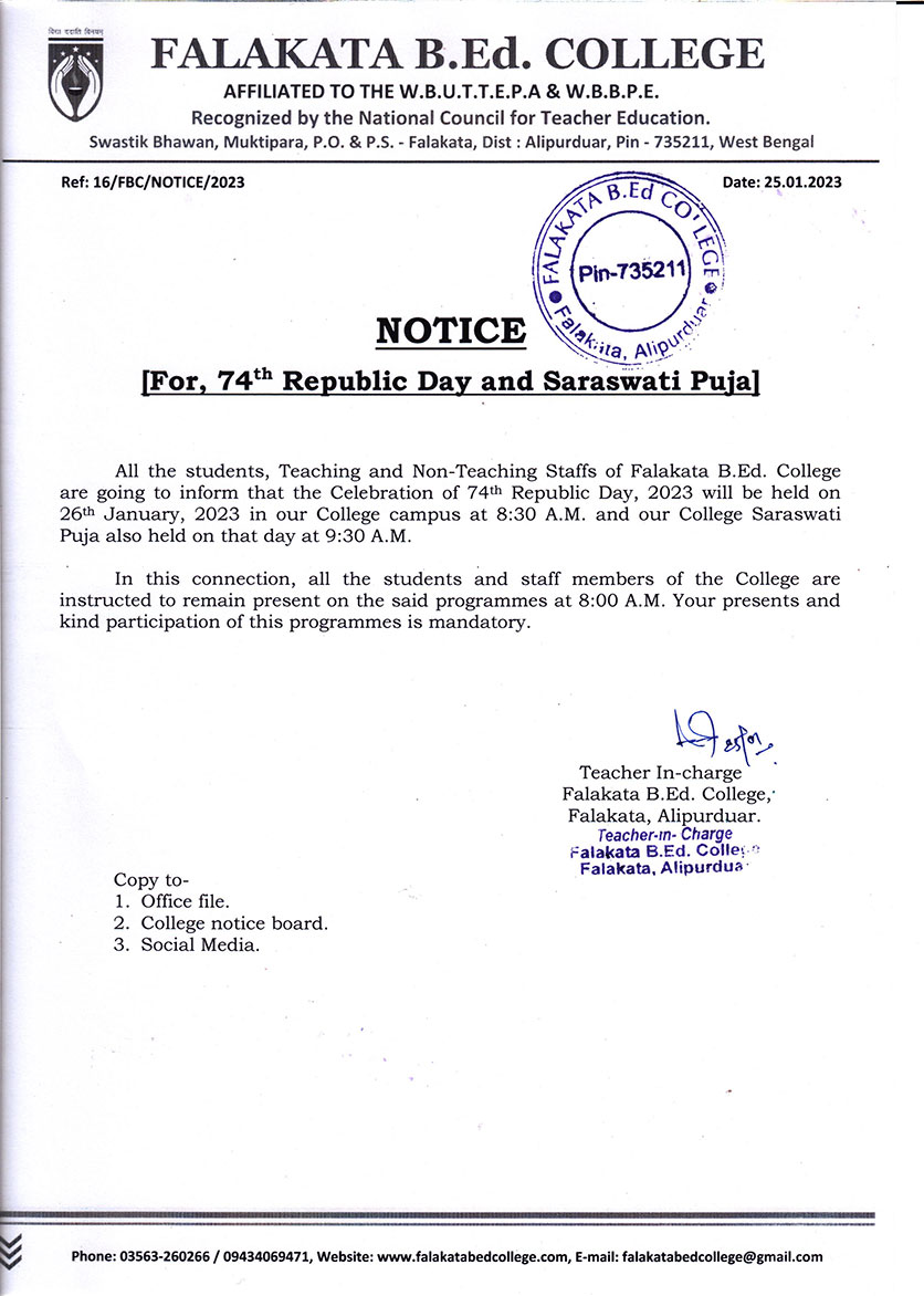 Notice for Republic Day & Saraswati Puja