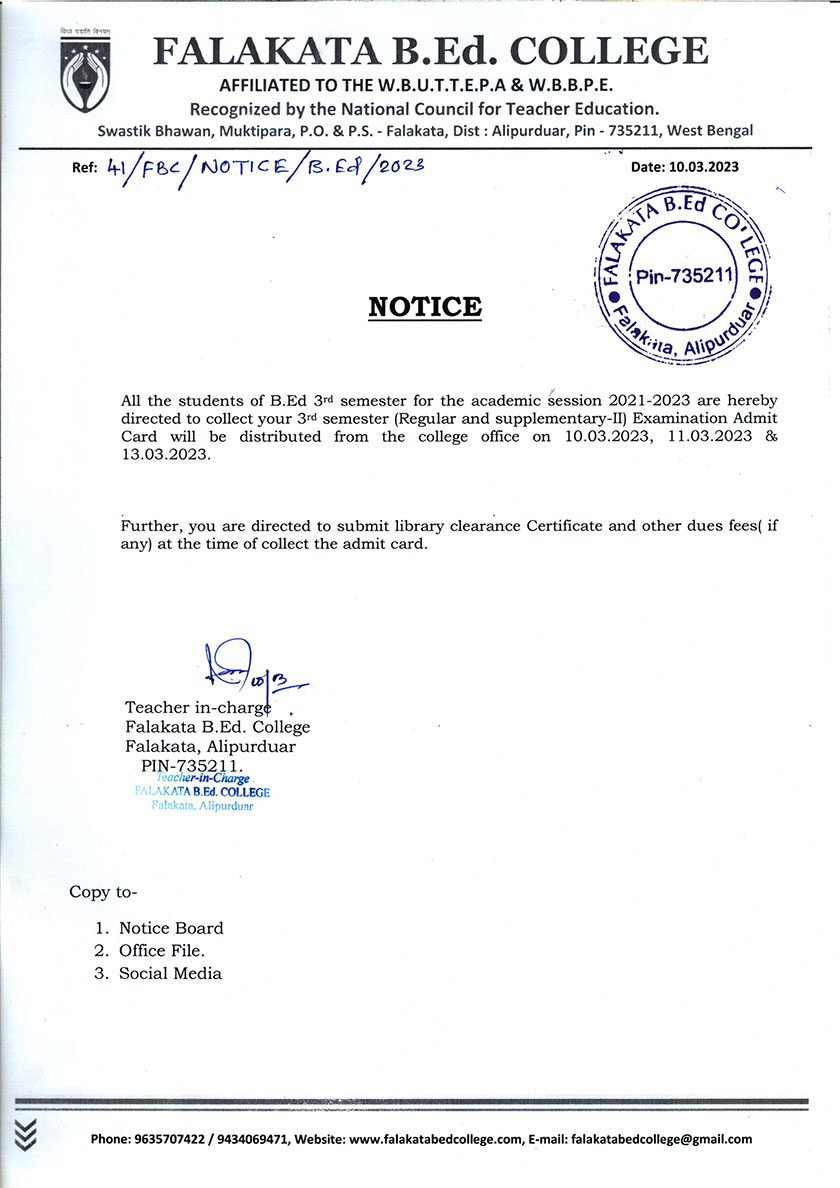 Notice For- Admit Card Distribution.