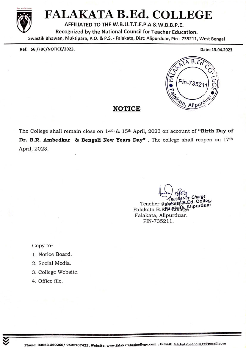 Notice for Ambedkar Jayanti & Noboborsho Holiday